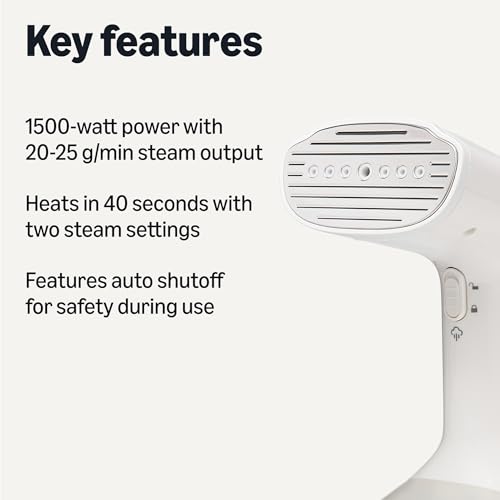 Amazon Basics Handheld Garment Steamer for Clothes, 1500W Turbo Extreme Steam with Dual Steam Modes, Auto Shut-off, Fabric Accessories, White view 2