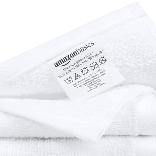 Amazon Basics Highly Absorbent, Fast Drying 100% Cotton Washcloths for Bathroom, Machine Washable, Soft, 12 x 12 in, White, 60-Pack view 3