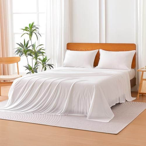 Amazon Basics Jersey Knit 4-Piece Sheet Set, Wrinkle Free and Easy Fit, Includes 16" Deep Pocket Fitted Sheet, 1 Flat Sheet and 2 Pillowcases, King, White