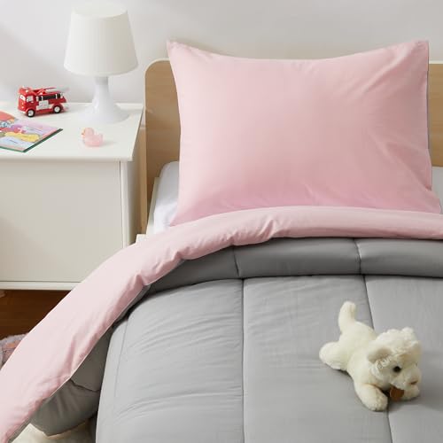 Amazon Basics Kids' 2 Piece Cotton Reversible Comforter Set with Sham, USTCP Certified Cotton, Twin, Candy Pink and Grey, Solid