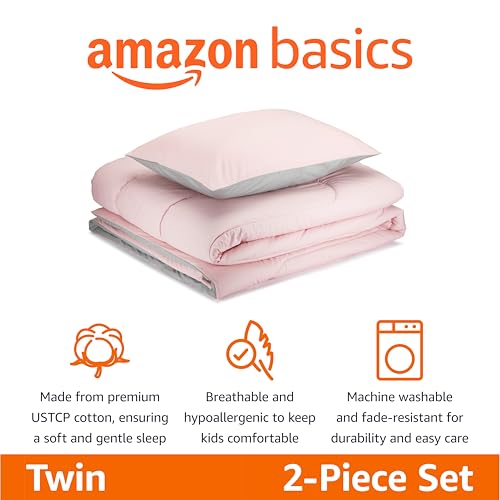 Amazon Basics Kids' 2 Piece Cotton Reversible Comforter Set with Sham, USTCP Certified Cotton, Twin, Candy Pink and Grey, Solid