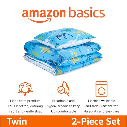 Amazon Basics Kids' 2 Piece Cotton Reversible Comforter Set with Sham, USTCP Certified Cotton, Twin, Dinosaurs