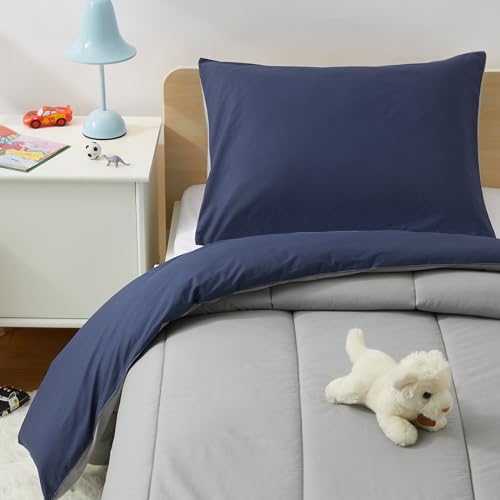 Amazon Basics Kids' 2 Piece Cotton Reversible Comforter Set with Sham, Twin, USTCP Certified Cotton, Navy Blue and Grey, Solid