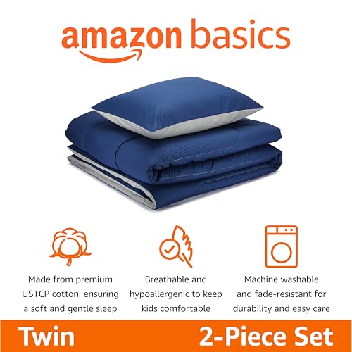 Amazon Basics Kids' 2 Piece Cotton Reversible Comforter Set with Sham, Twin, USTCP Certified Cotton, Navy Blue and Grey, Solid