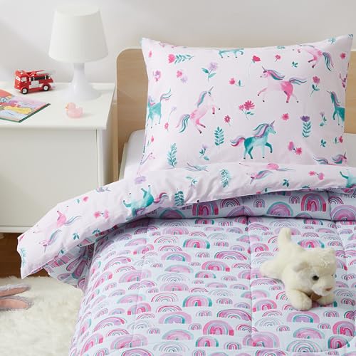 Amazon Basics Kids' 2 Piece Cotton Reversible Comforter Set with Sham, USTCP Certified Cotton, Twin, Unicorns and Rainbows