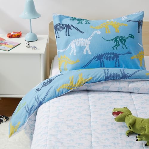 Amazon Basics Kids' 2 Piece Lightweight Cotton Shell Reversible Comforter Set with Sham, USTCP Certified Cotton Shell, Twin, Dinosaurs