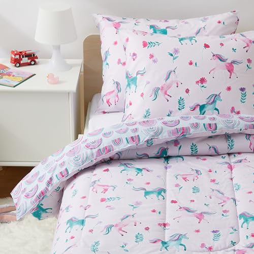 Amazon Basics Kids' 3 Piece Cotton Reversible Comforter Set with Sham, USTCP Certified Cotton, Full/Queen, Unicorns and Rainbows