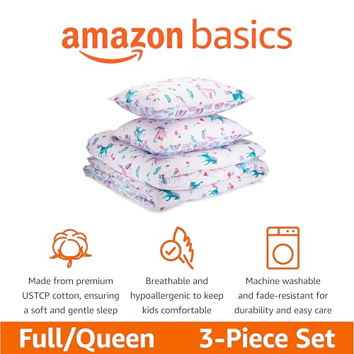 Amazon Basics Kids' 3 Piece Cotton Reversible Comforter Set with Sham, USTCP Certified Cotton, Full/Queen, Unicorns and Rainbows