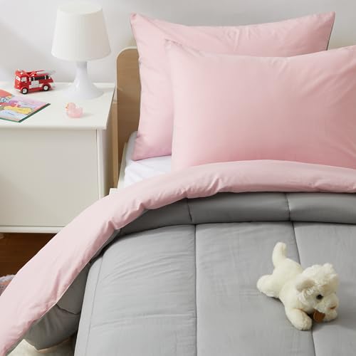 Amazon Basics Kids' 3 Piece Cotton Reversible Comforter Set with Sham, USTCP Certified Cotton, Full/Queen, Candy Pink and Grey, Solid