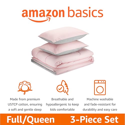 Amazon Basics Kids' 3 Piece Cotton Reversible Comforter Set with Sham, USTCP Certified Cotton, Full/Queen, Candy Pink and Grey, Solid