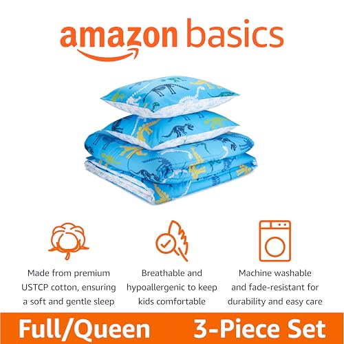 Amazon Basics Kids' 3 Piece Lightweight Cotton Shell Reversible Comforter Set with Sham, USCTP Certified Cotton Shell, Full/Queen, Dinosaurs view 2