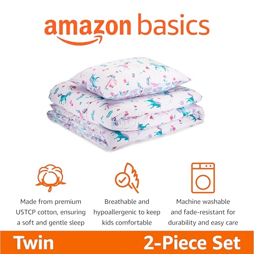 Amazon Basics Kids' 3-Piece Lightweight Cotton Shell Reversible Comforter Set with Pillow Sham, USTCP Certified, Twin, Unicorns and Rainbows view 2