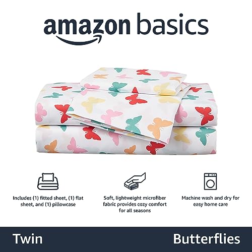 Amazon Basics Kid's Butterfly Friends Soft Easy-Wash Microfiber 3-Piece Sheet Set, Twin, Multi-Color Butterflies, Printed