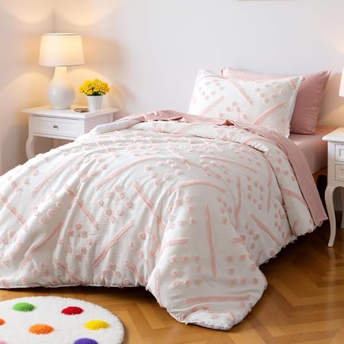 Amazon Basics Kids' Pink Bedding Set, 5-Piece Jacquard Bed-in-a-Bag with Comforter, Fitted Sheet, Flat Sheet, Pillowcase, Pillow Sham, Deep Pocket 16", All-Season, Pink Tufted, Twin view 2