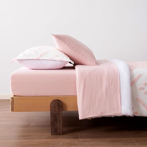 Amazon Basics Kids' Pink Bedding Set, 5-Piece Jacquard Bed-in-a-Bag with Comforter, Fitted Sheet, Flat Sheet, Pillowcase, Pillow Sham, Deep Pocket 16", All-Season, Pink Tufted, Twin view 3