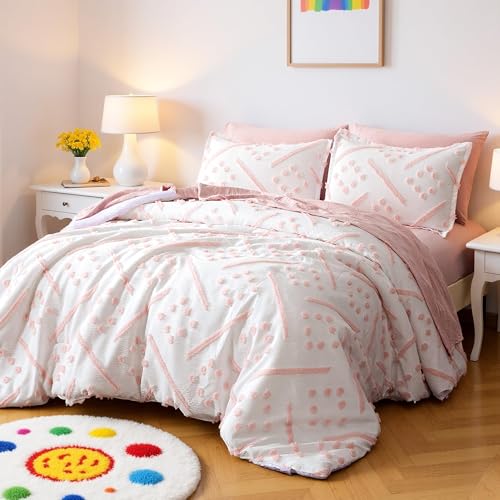 Amazon Basics Kids' Pink Bedding Set, 7-Piece Jacquard Bed-in-a-Bag with Comforter, Fitted Sheet, Flat Sheet, Pillowcases, Pillow Shams, Deep Pocket 16", All-Season, Pink Tufted, Full/Queen view 2
