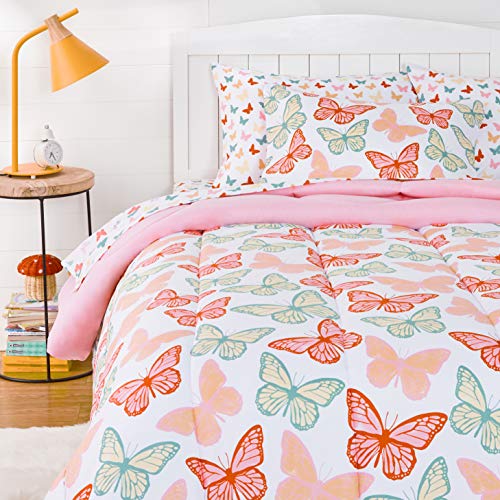 Amazon Basics Kid's Soft, Easy Care Microfiber Bed-in-a-Bag 5-Piece Bedding Set, Twin, Butterfly Friends