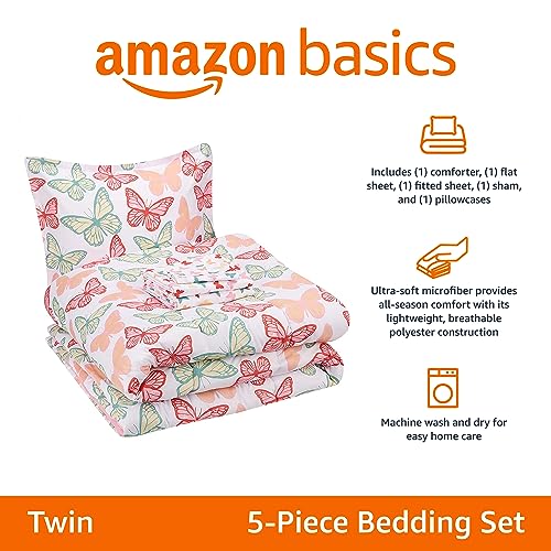 Amazon Basics Kid's Soft, Easy Care Microfiber Bed-in-a-Bag 5-Piece Bedding Set, Twin, Butterfly Friends