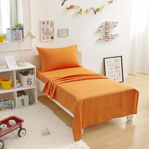 Amazon Basics Kid's Soft Easy-Wash Lightweight Microfiber 3-Piece Sheet Set, Toddler, Bright Orange, Solid