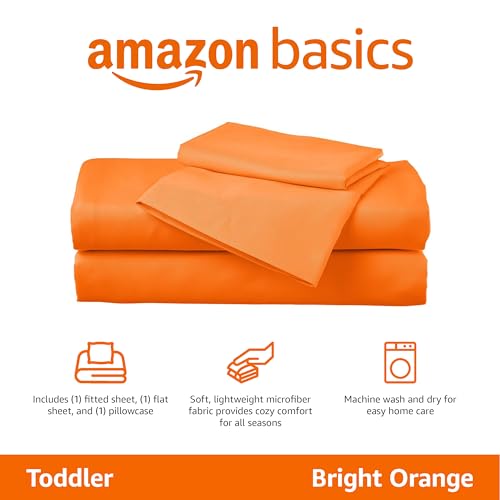 Amazon Basics Kid's Soft Easy-Wash Lightweight Microfiber 3-Piece Sheet Set, Toddler, Bright Orange, Solid