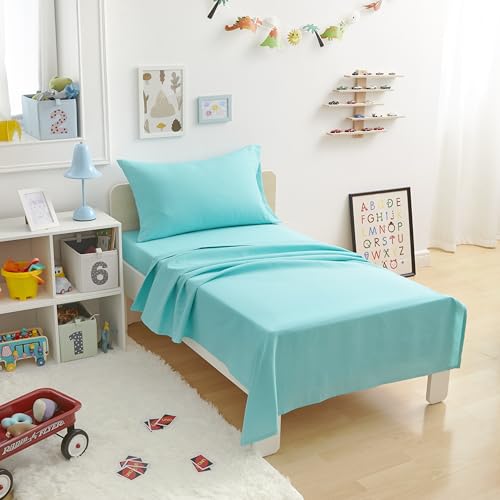 Amazon Basics Kid's Soft Easy-Wash Lightweight Microfiber 3-Piece Sheet Set, Toddler, Bright Aqua, Solid
