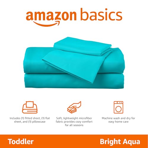 Amazon Basics Kid's Soft Easy-Wash Lightweight Microfiber 3-Piece Sheet Set, Toddler, Bright Aqua, Solid