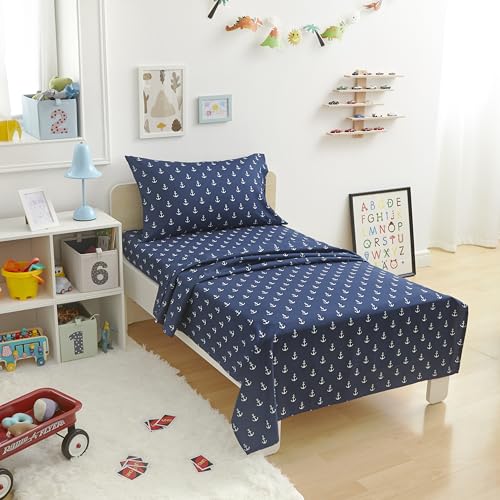 Amazon Basics Kid's Soft Easy-Wash Lightweight Microfiber 3-Piece Sheet Set, Toddler, Navy, White Anchors