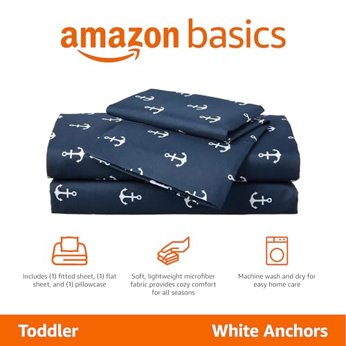 Amazon Basics Kid's Soft Easy-Wash Lightweight Microfiber 3-Piece Sheet Set, Toddler, Navy, White Anchors