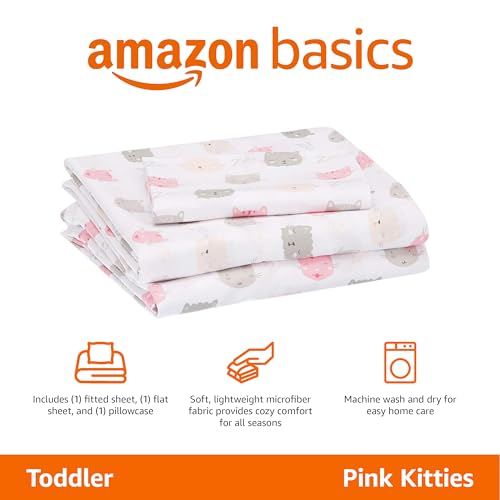 Amazon Basics Kid's Soft Easy-Wash Lightweight Microfiber 3-Piece Sheet Set, Toddler, Pink Kitties