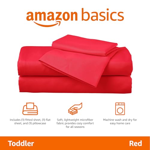 Amazon Basics Kid's Soft Easy-Wash Lightweight Microfiber 3-Piece Sheet Set, Toddler, Red, Solid