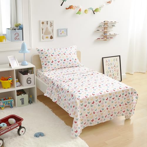 Amazon Basics Kid's Soft Easy-Wash Lightweight Microfiber 3-Piece Sheet Set, Toddler, Multi Colour, Butterflies