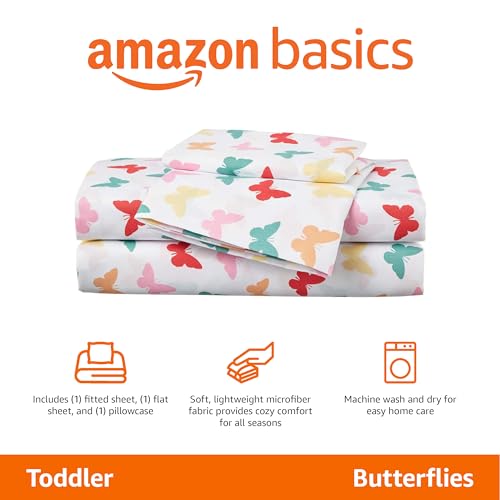 Amazon Basics Kid's Soft Easy-Wash Lightweight Microfiber 3-Piece Sheet Set, Toddler, Multi Colour, Butterflies