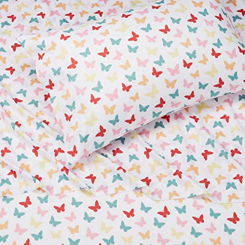 Amazon Basics Kid's Soft Easy-Wash Lightweight Microfiber 3-Piece Sheet Set, Toddler, Multi Colour, Butterflies