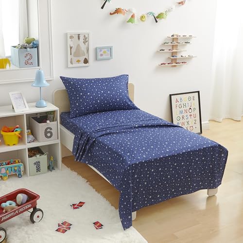 Amazon Basics Kid's Soft Easy-Wash Lightweight Microfiber 3-Piece Sheet Set, Toddler, Navy Galaxy