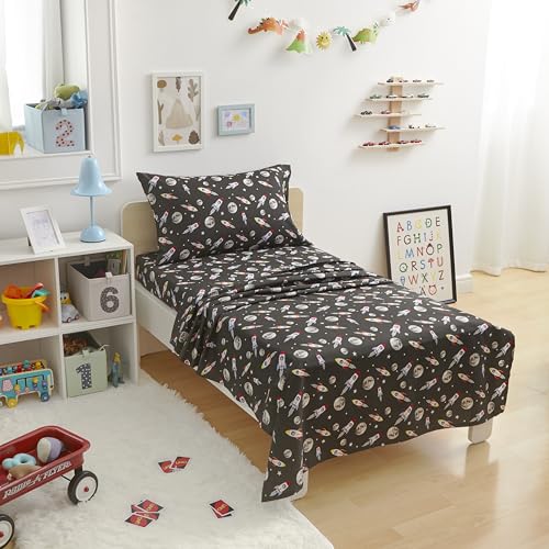 Amazon Basics Kid's Soft Easy-Wash Lightweight Microfiber 3-Piece Sheet Set, Toddler, Multi Colour, Space Rockets