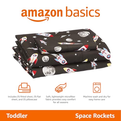 Amazon Basics Kid's Soft Easy-Wash Lightweight Microfiber 3-Piece Sheet Set, Toddler, Multi Colour, Space Rockets