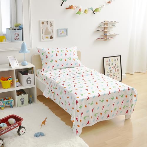 Amazon Basics Kid's Soft Easy-Wash Lightweight Microfiber 3-Piece Sheet Set, Toddler, Multi Color, Dinosaurs