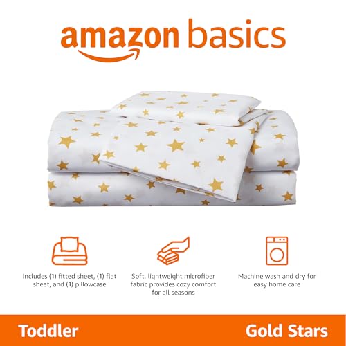 Amazon Basics Kid's Soft Easy-Wash Lightweight Microfiber 3-Piece Sheet Set, Toddler, Multi Color, Starry Stars