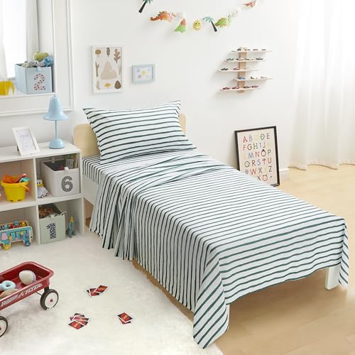 Amazon Basics Kid's Soft Easy-Wash Lightweight Microfiber 3-Piece Sheet Set with 1 Standard Pillowcase, 1 Flat Sheet, 1 Fitted Sheet, Twin, Green Stripes