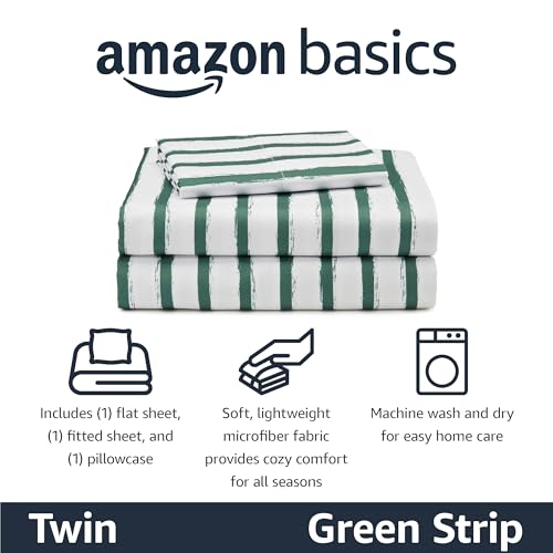 Amazon Basics Kid's Soft Easy-Wash Lightweight Microfiber 3-Piece Sheet Set with 1 Standard Pillowcase, 1 Flat Sheet, 1 Fitted Sheet, Twin, Green Stripes view 2