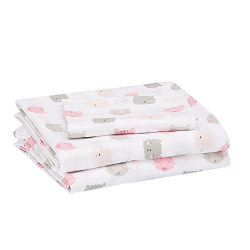 Amazon Basics Kid's Soft, Easy-Wash Microfiber 3-Piece Sheet Set, Twin, Peony Pink Kitties, Animal Print