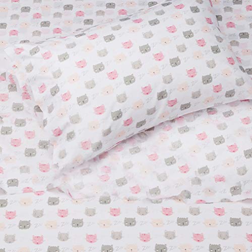 Amazon Basics Kid's Soft, Easy-Wash Microfiber 3-Piece Sheet Set, Twin, Peony Pink Kitties, Animal Print
