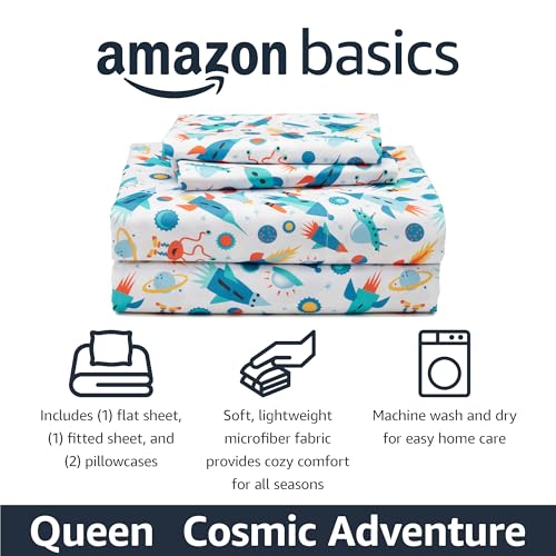 Amazon Basics Kid's Soft Easy-Wash Microfiber 4-Piece Sheet Set with Pillowcase, Queen, Cosmic Adventure view 2