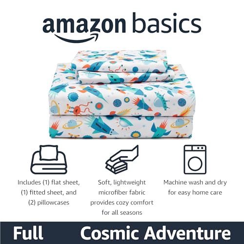 Amazon Basics Kid's Soft Easy-Wash Microfiber 4-Piece Sheet Set with Pillowcase, Full, Cosmic Adventure view 2