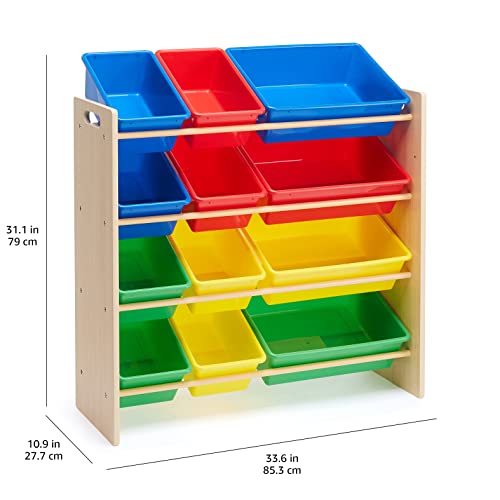 Amazon Basics Kids Toy Storage Organizer With 12 Plastic Bins, Natural Wood With Bright Bins, 10.9" D x 33.6" W x 31.1" H