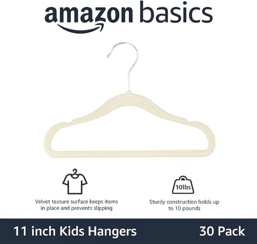 Amazon Basics Kids Velvet, Non-Slip Clothes Hangers (Baby/Toddler), 11.6 inches (for Baby Clothes), Pack of 30, Beige