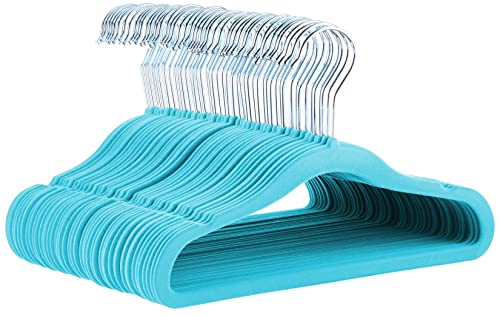 Amazon Basics Kids Velvet, Non-Slip Clothes Hangers for Infant and Toddler, 11.6 inches (for baby clothes), Pack of 50, Blue