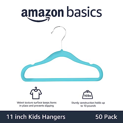 Amazon Basics Kids Velvet, Non-Slip Clothes Hangers for Infant and Toddler, 11.6 inches (for baby clothes), Pack of 50, Blue