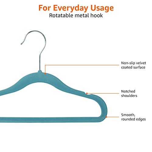 Amazon Basics Kids Velvet, Non-Slip Clothes Hangers for Infant and Toddler, 11.6 inches (for baby clothes), Pack of 50, Blue