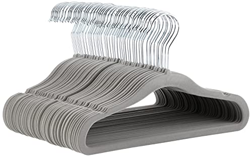 Amazon Basics Kids Velvet, Non-Slip Clothes Hangers for Infant and Toddler, 11.6 inches (for baby clothes), Pack of 50, Gray